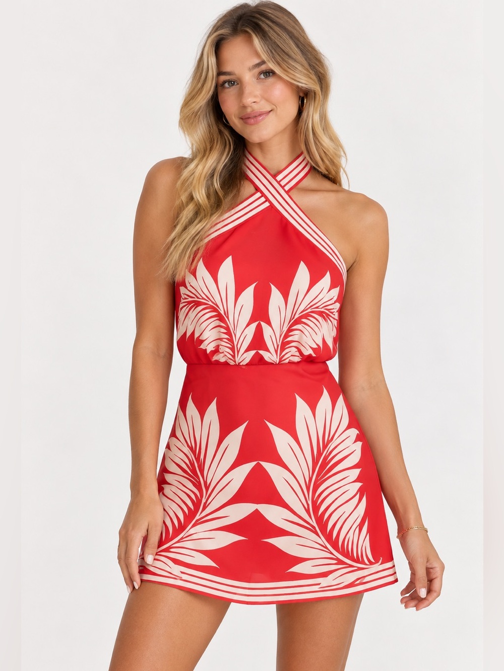 Mable Red & Cream Palm Print Halter Mini Dress Medium NWT